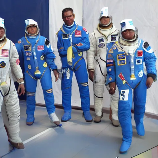 Prompt: 5 space astronauts in spacesuits of different colors, running in a relay race in a stadium, olympic games