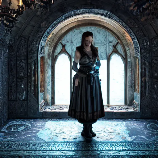 Image similar to the elder scrolls vi, charismatic regal brunette female jarl, portrait, rustic throne room, atmospheric lighting, painted, intricate, volumetric lighting, beautiful, daytime,, slight overcast weather, 4 0 0 0 k, sharp focus, deep colours, ultra detailed, by leesha hannigan, ross tran, thierry doizon, kai carpenter, ignacio fernandez rios