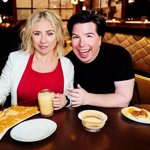 Image similar to portait of michael mcintyre and middle aged blonde woman with short hair and a blonde woman with long hair having dessert at sunday in brooklyn restaurant