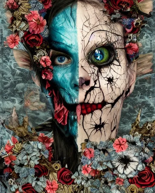 Prompt: a pretty but sinister and creepy monster in layers of fear decoupage, with haunted eyes, wearing punk clothing, violence in his eyes, 1 9 7 0 s, seventies, delicate embellishments, a little blood, woodland, blue dawn light shining on wildflowers, painterly, offset printing technique, by mary jane ansell