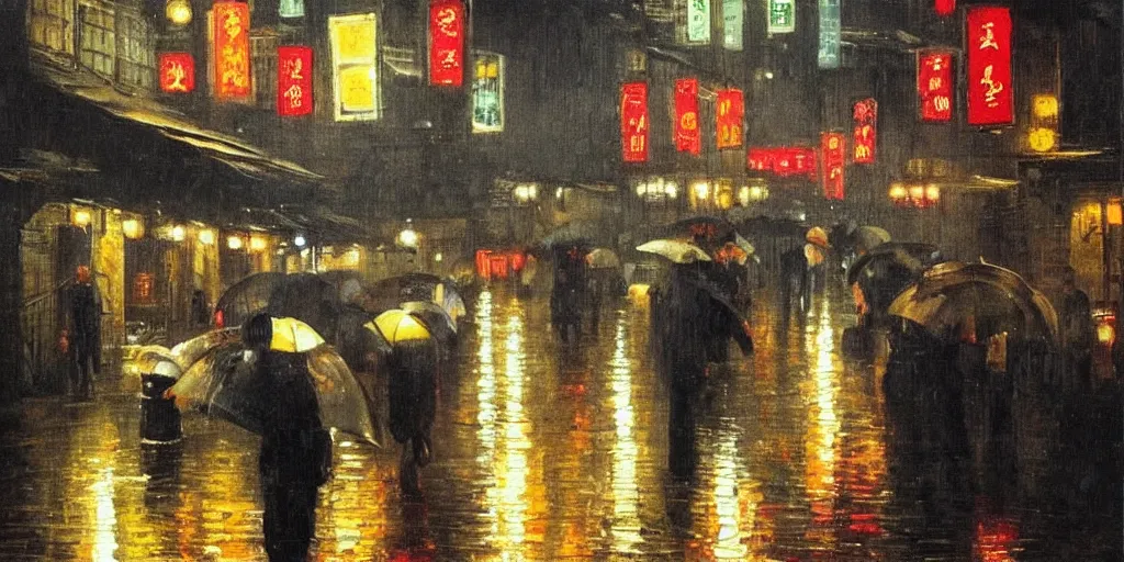 Image similar to painting of a rainy night in old shanghai