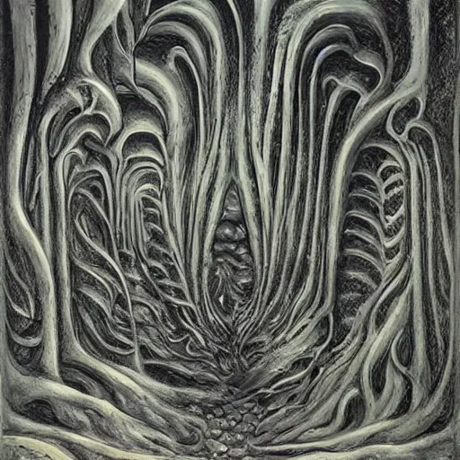 Prompt: an organic landscape, by h.r Giger, large sense of scale