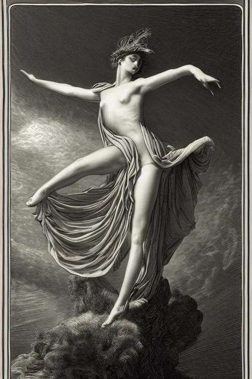 Image similar to dancer in the wind by gustave dore, retrofuturism, reimagined by industrial light and magic