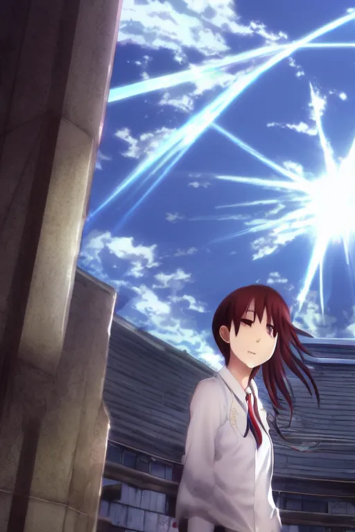 Image similar to Smiling Kurisu Makise by Akihiko Yoshida, Makoto Shinkai, with backdrop of god rays