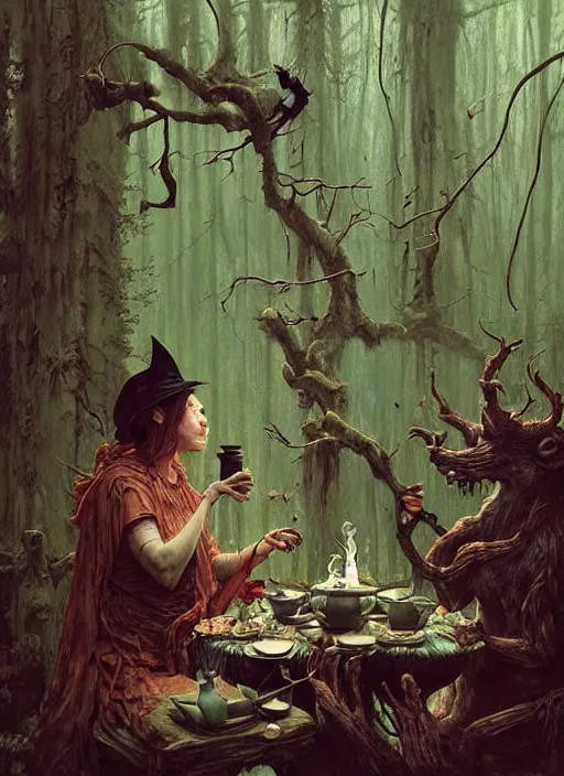 Image similar to witch having tea at a shrine in the woods gorgeous lighting, lush forest foliage a hyper realistic painting by chiara bautista and beksinski and norman rockwell and greg rutkowski weta studio, and lucasfilm