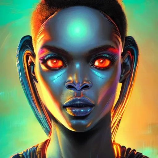 Image similar to african neon necromancer, science fiction, highly detailed, digital painting, beautiful eyes, symmetry, concept art, sharp focus, illustration, global illumination, radiant light, synthwave colors, detailed and intricate environment, art by artgerm and greg rutkowski and magali villeneuve and ilya kuvshinov!