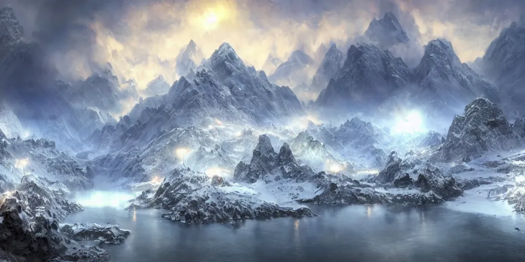 Image similar to a hyper realistic professional photographic view picture of a heavenly snow mountain, photographic filter unreal engine 5 realistic hyperdetailed 8k ultradetail cinematic concept art volumetric lighting, fantasy artwork, very beautiful scenery, very realistic painting effect, hd, hdr, cinematic 4k wallpaper, 8k, ultra detailed, high resolution, artstation trending on artstation in the style of Albert Dros glowing rich colors powerful imagery nasa footage drone footage drone photography