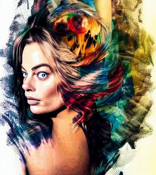 Prompt: tattoo design sketch double exposure of margot robbie faded with beautiful mountain scenery, creative mash up, in the style of arlo dicristina, surrealist, amazing detail, sharp