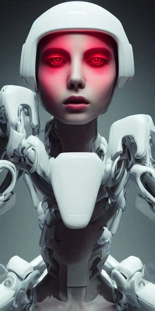 Image similar to white one cast futuristic biomechanics futuristic humanoid, beautiful face, female, futuristic, neon lights, cyberpunk, 8 k, digital painting, by beeple and makoto shinkai, trending on cg society, glamour pose, fashion photography, high fashion, canon r 3, photorealistic, hyper realistic, full body, wide angle shot