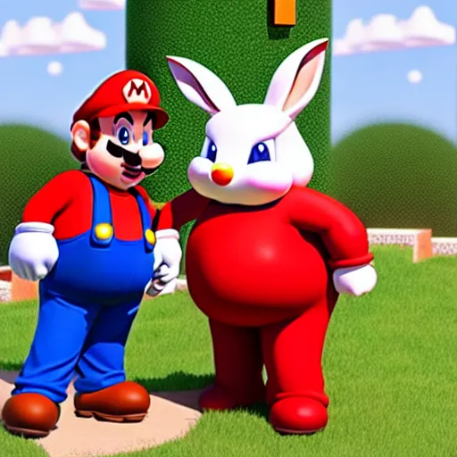 Image similar to real life big chungus dressed like mario, super mario with bunny ears, big chungus, fat bugs bunny, high resolution photo