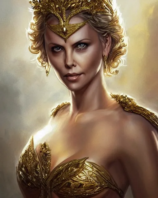 Prompt: tattoo sketch of charlize theron as aphrodite the greek goddess wearing a gold laurel wreath and triangle earrings, beautiful piercing gaze with sharp pupils, in the style of greg rutkowski, fantasy, amazing detail, epic, elegant, smooth, sharp focus, front view