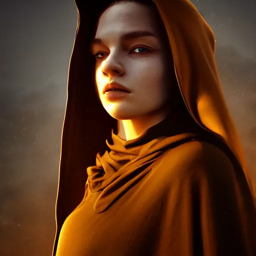 Image similar to a portrait of a young woman wearing a long dark cloak, hood and shadows covering face, holding golden chains, oil painting, Volumetric Golden dappled dynamic lighting, Highly Detailed, Cinematic Lighting, Unreal Engine, 8k, HD