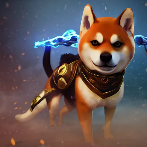 Image similar to shiba inu as a league of legends character, michael maurino, alex flores, paul kwon, cinematic, 3 d cgi, dramatic lighting, focus, smooth, heroic