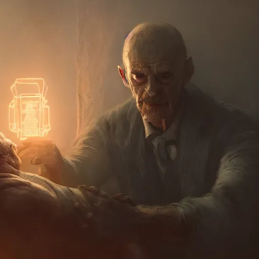 Image similar to a mad doctor of hell treating patient of hell, clear face, focus, magical world, by greg rutkowski, sung choi, photo realistic, 8 k, cinematic lighting, hd, atmospheric, hyperdetailed, trending on artstation, devainart, digital painting, glow effect