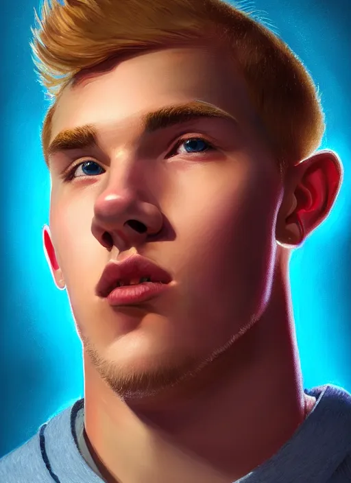 Image similar to portrait of high school senior boy named big moose, blonde short hair, jock, beefy, wide face, square jaw, square facial structure, blue varsity jacket with letter r, intricate, elegant, glowing lights, highly detailed, digital painting, artstation, concept art, sharp focus, illustration, art by wlop, mars ravelo and greg rutkowski