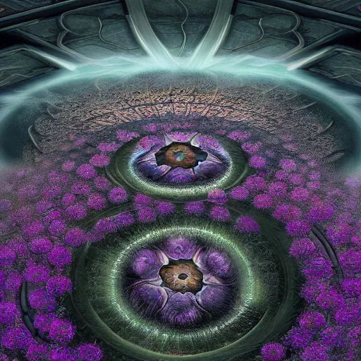 Prompt: a detailed picture of the elevator to hell surrounded by a field of black lotus flowers with petals in a fibonacci sequence, in the style of magic the gathering, highly detailed, digital painting, god rays, volumetric lighting, octane render, 4 k resolution, art by adam paquette and johann bodin and jason rainville