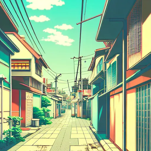 Image similar to anime tokyo residential quiet street scenery only wallpaper aesthetic, vintage retro colors, beautiful