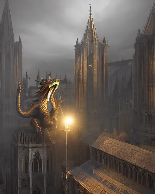 Image similar to a dragon perches atop a cathedral, menacing black dragon, cinematic, volumetric lighting, physically based render