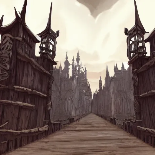 Image similar to medeival fantasy town, slight ruination, night, tall wooden palisade!! connecting buildings, artstation