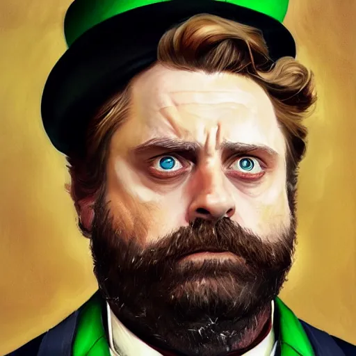 Prompt: hyper realistic portrait painting, beautifully rendered, zach galifianakis as dapper fancy luigi wearing a green top hat, green suit and bowtie, smirking deviously, painted by greg rutkowski, wlop, artgerm, dishonored 2