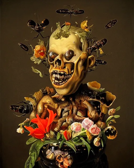 Prompt: refined gorgeous blended oil painting with black background by christian rex van minnen rachel ruysch dali todd schorr of a chiaroscuro portrait of an extremely bizarre disturbing mutated man made of still life flowers and rubber insects with shiny skin acne dutch golden age vanitas intense chiaroscuro cast shadows obscuring features dramatic lighting perfect symmetry perfect composition masterpiece