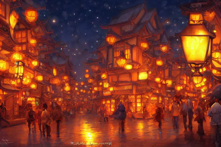 Image similar to fantasy art of glowing goldfish swimming in the air, in the streets of a japanese town at night, with people watching in wonder, by ralph horsley, highly detailed digital art, trending on artstation