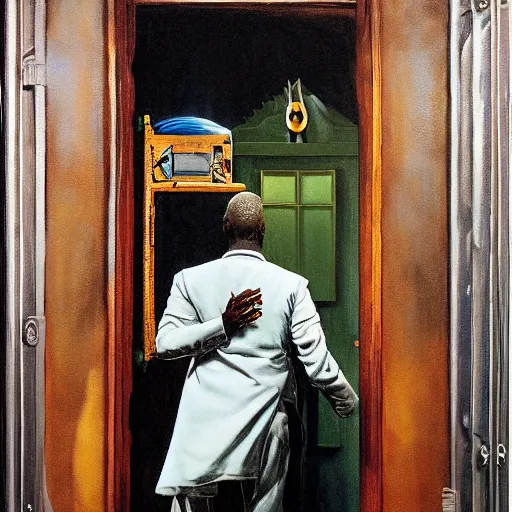 Prompt: dr. uncle ruckus telepathic space lord regally stands at the doorway of his palatial manse jamie wyeth greg rutkowski ralph steadman fernando botero norman rockwell acrylic painting