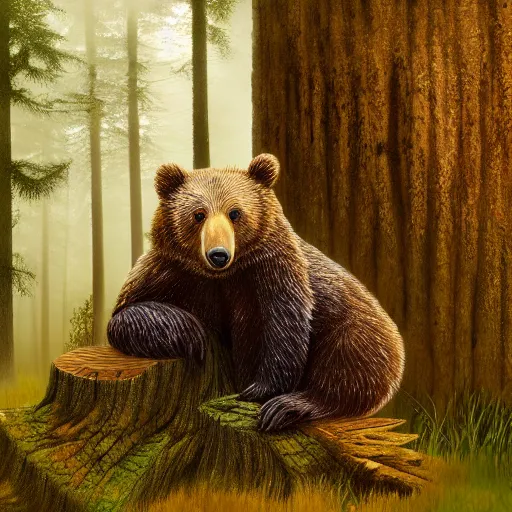 Prompt: a bear sits on a stump, in deep forest, style by Hedgehog in the Fog , by Yuri Norstein art, big details, 4k