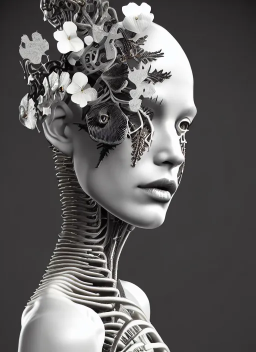 Image similar to monochrome 3 d model, biomechanical beautiful young female cyborg with porcelain profile face and a big floral eye, volumetric light, leaves foliage and stems, hibiscus flowers, boho floral vines, sinuous fine roots, fine foliage lace, alexander mcqueen, rim light, big gothic fashion pearl embroidered collar, steampunk, octane render, 8 k