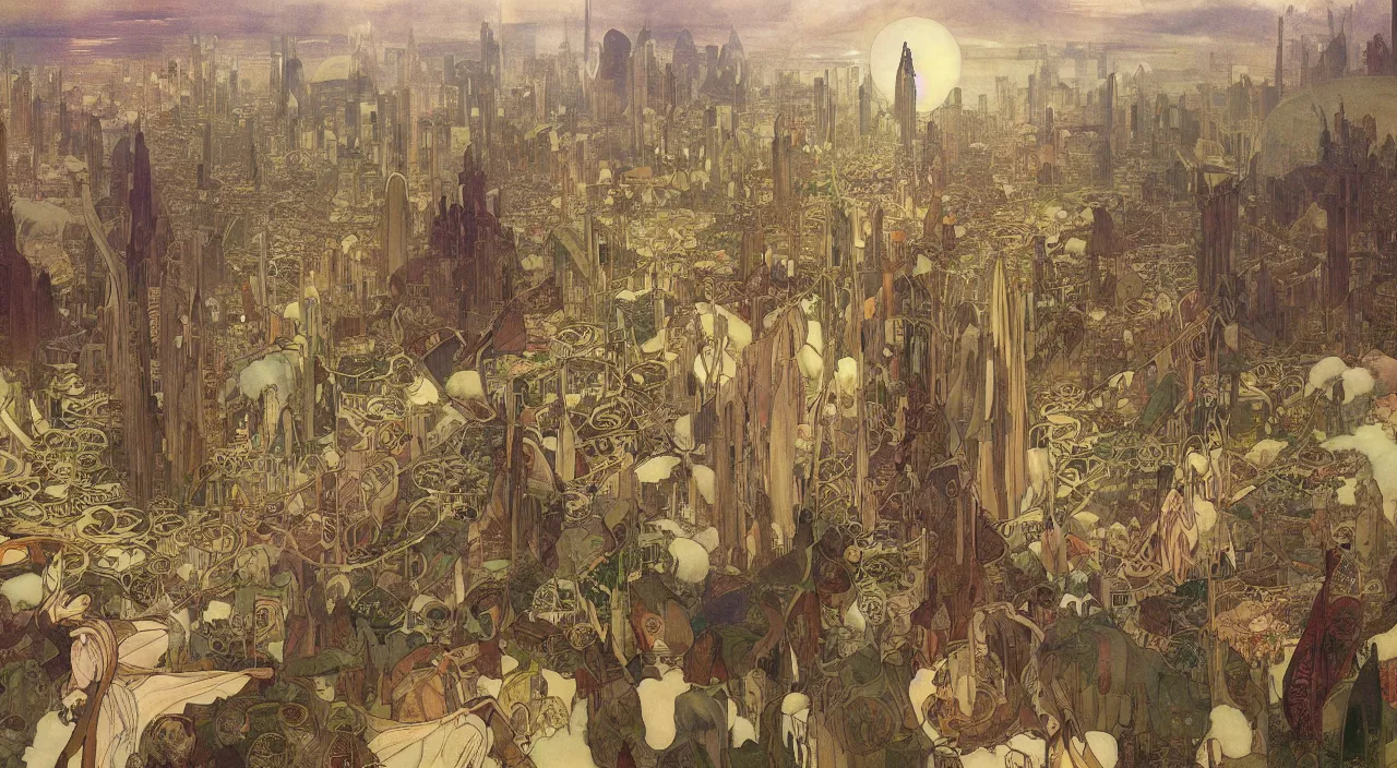 Image similar to A beautiful landscape painting of dystopian london by Alfons Maria Mucha and Yoshitaka Amano and richard dadd