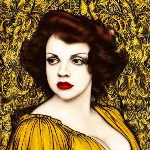 Image similar to hybrid of judy garland and lady gaga, brown fringe, large features, very large big downslanted eyes, large full lips, reclining on flowing bed cool stylish, yellow ochre ornate medieval dress, john william waterhouse, kilian eng, rosetti, john everett millais, william holman hunt, william morris, 4 k