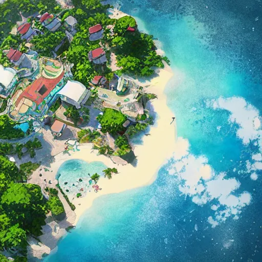 Image similar to a beautiful render of a dreamy anime island paradise from above by makoto shinkai, soft details, graphic art