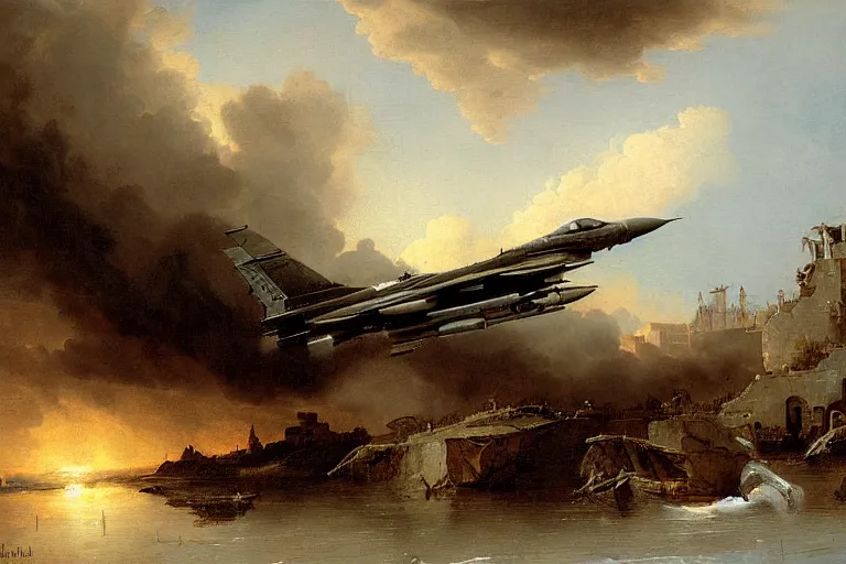 Image similar to f - 1 6 flight painting by hubert robert detailed