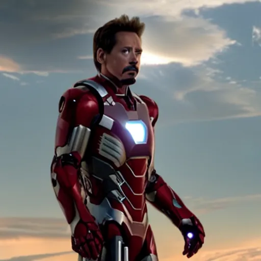 Image similar to film still of Kevin Bacon as Tony Stark in Ironman armor without the head piece in the new Avengers movie