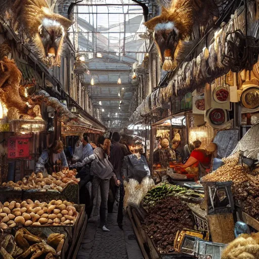 Image similar to buying a griffin at a market in istanbul, hyper detailed, dramatic lighting, cgsociety, realistic, hyper detailed, insane details, intricate, dramatic lighting, hypermaximalist, golden ratio, rule of thirds, octane render, weta digital, micro details, ultra wide angle, artstation trending, 8 k,