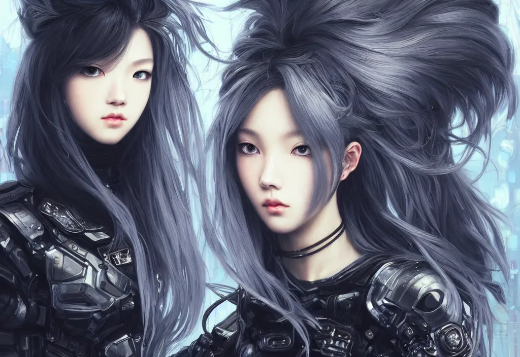 Image similar to portrait lisa blackpink + medium grey hair of futuristic police girl, black armored uniform, at futuristic cyberpunk tokyo night, ssci - fi and fantasy, intricate and very very very beautiful, highly detailed, digital painting, artstation, concept art, smooth and sharp focus, illustration, art by tian zi and wlop and alphonse mucha