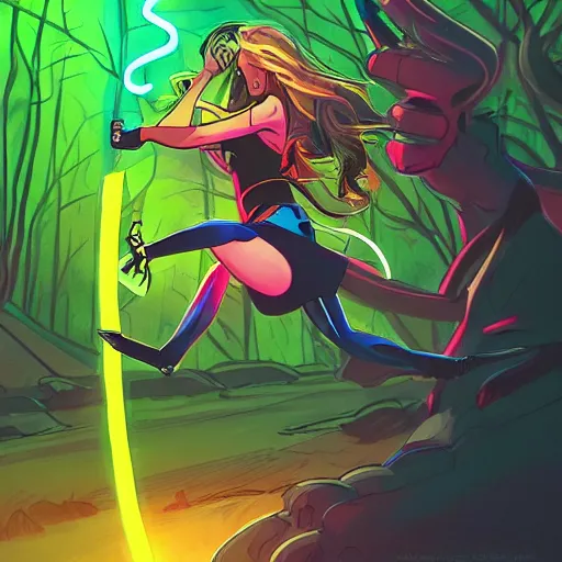 Image similar to comic book cover of a ( woman with long hair swinging ( neon sword ) ) and ( soldier with ( glowing gloves and boots ) ) fighting a ( shadow demon creature ) in a forest, illustration, studio ghibli, digital art, dramatic, cinematic, trending on artstation