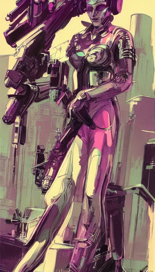 Image similar to concept art of a female cyberpunk character, film noir, art deco, pastel colors, detailed ink drawing, by Syd Mead, by Moebius