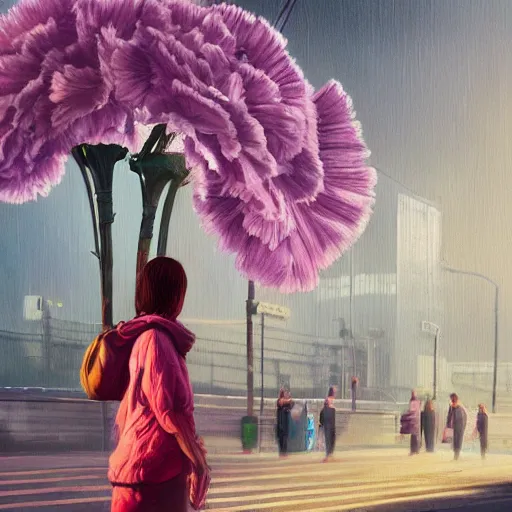 Image similar to giant carnation flower head, woman walking in a metro station, surreal photography, dramatic light, impressionist painting, digital painting, artstation, simon stalenhag