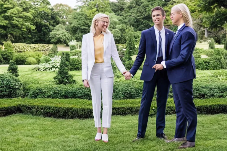 Image similar to beautiful confident smug thirtysomething blonde female president wearing suit alone in the white house rose garden with her two attractive boyfriends, holding hands, photograph, dslr, bokeh, romantic, campaign ad