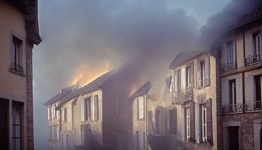 Image similar to 1 9 7 0 s movie still of a heavy burning french style townhouse in a small french village fog, cinestill 8 0 0 t 3 5 mm, heavy grain, high quality, high detail, dramatic light, anamorphic, flares