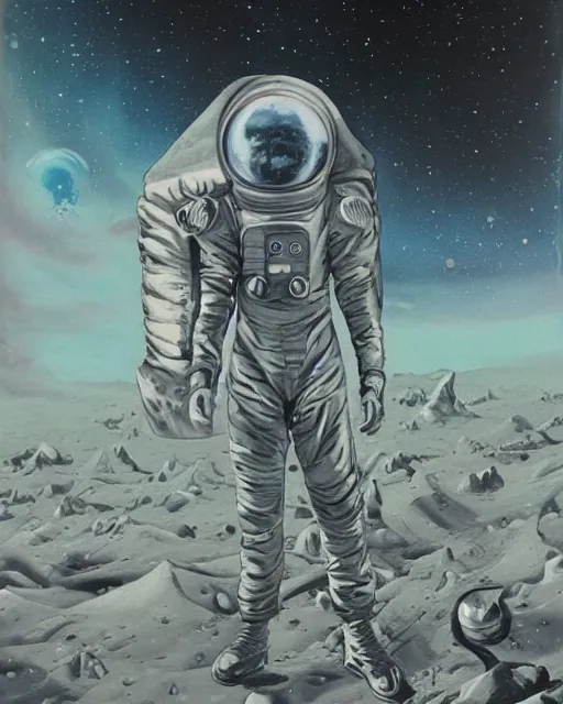 Image similar to dark retro illustration 1 9 6 7 science fiction, doomed astronaut on saturn's moon, gouache and ink, art sussman, mohrbacher, retro futurism