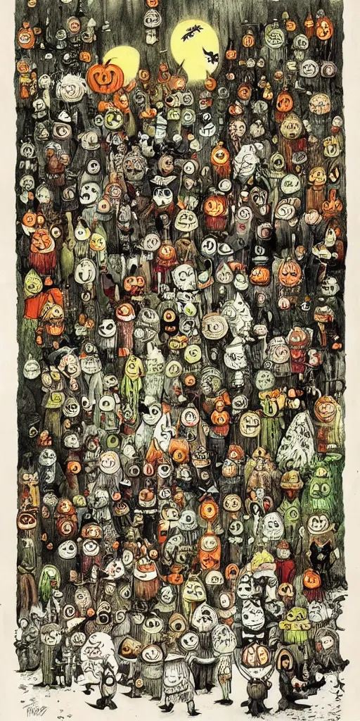 Image similar to a vintage halloween scene by alexander jansson and where's waldo