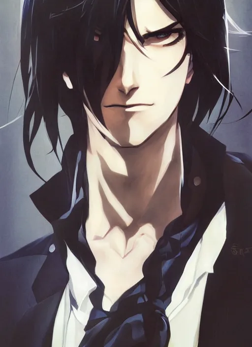 Image similar to portrait illustration by shigenori soejima, handsome male vampire, focus on face, pretty, cinematic lighting, painterly, long black hair, dark blue shirt and light brown trenchcoat