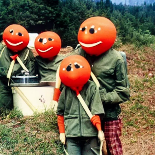 Image similar to anthropomorphic tomatoes on a camping trip, 1 9 8 0 s photo