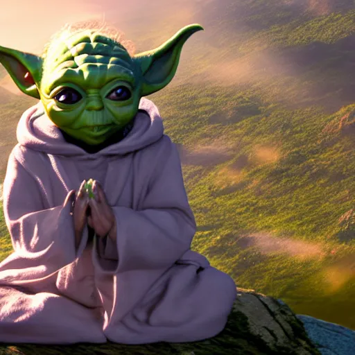 Image similar to yoda meditating on top of a mountain at sunrise, movie still, 4k