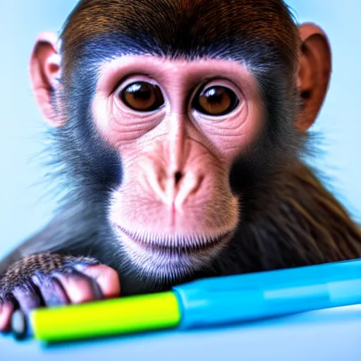 Prompt: photograph of a monkey holding a blue pen towards the camera, 4 k, full hd, highly detailed