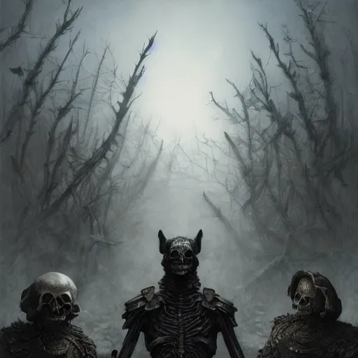 Image similar to bones and skull armor made of bones, anthropomorphic shiba inu, metal skull face, stuning 3 d render, masterpiece, glowing black aura, foggy dark graveyard, by donato giancola and greg rutkowski and wayne barlow and zdzisław beksinski, realistic face