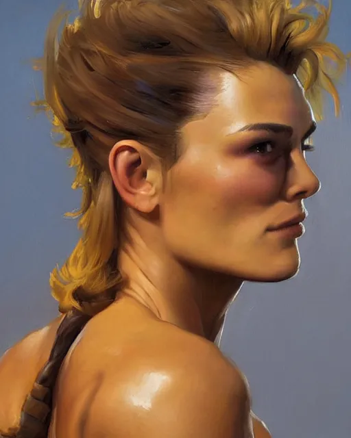 Image similar to greg manchess portrait painting of keira knightley as beautiful thick female bodybuilder zarya from overwatch, medium shot, asymmetrical, profile picture, organic painting, sunny day, matte painting, bold shapes, hard edges, street art, trending on artstation, by huang guangjian and gil elvgren and sachin teng