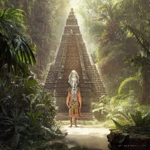 Prompt: jaguar priest, mayan temple in the jungle, by tom bagshaw, by gaston bussiere, sunlit, mist, octane render